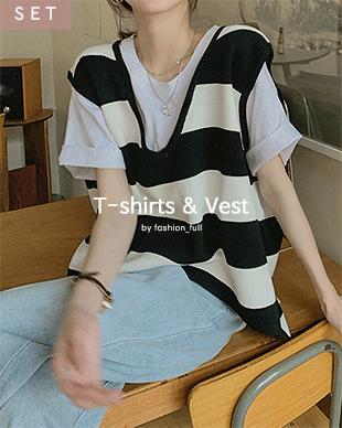 딜리아 오버핏 티셔츠&amp;스트라이프 베스트 (4~7일 소요)